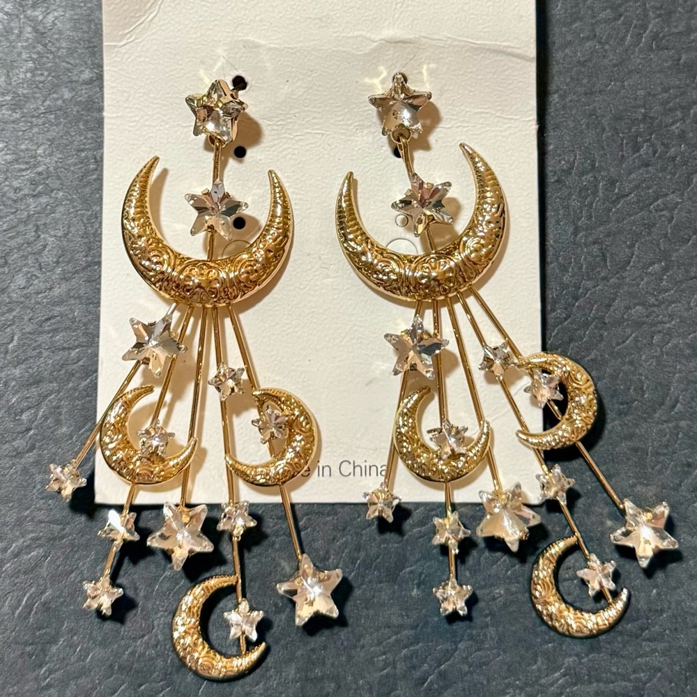 Gold Crescent Moon and Star Dangle Earrings